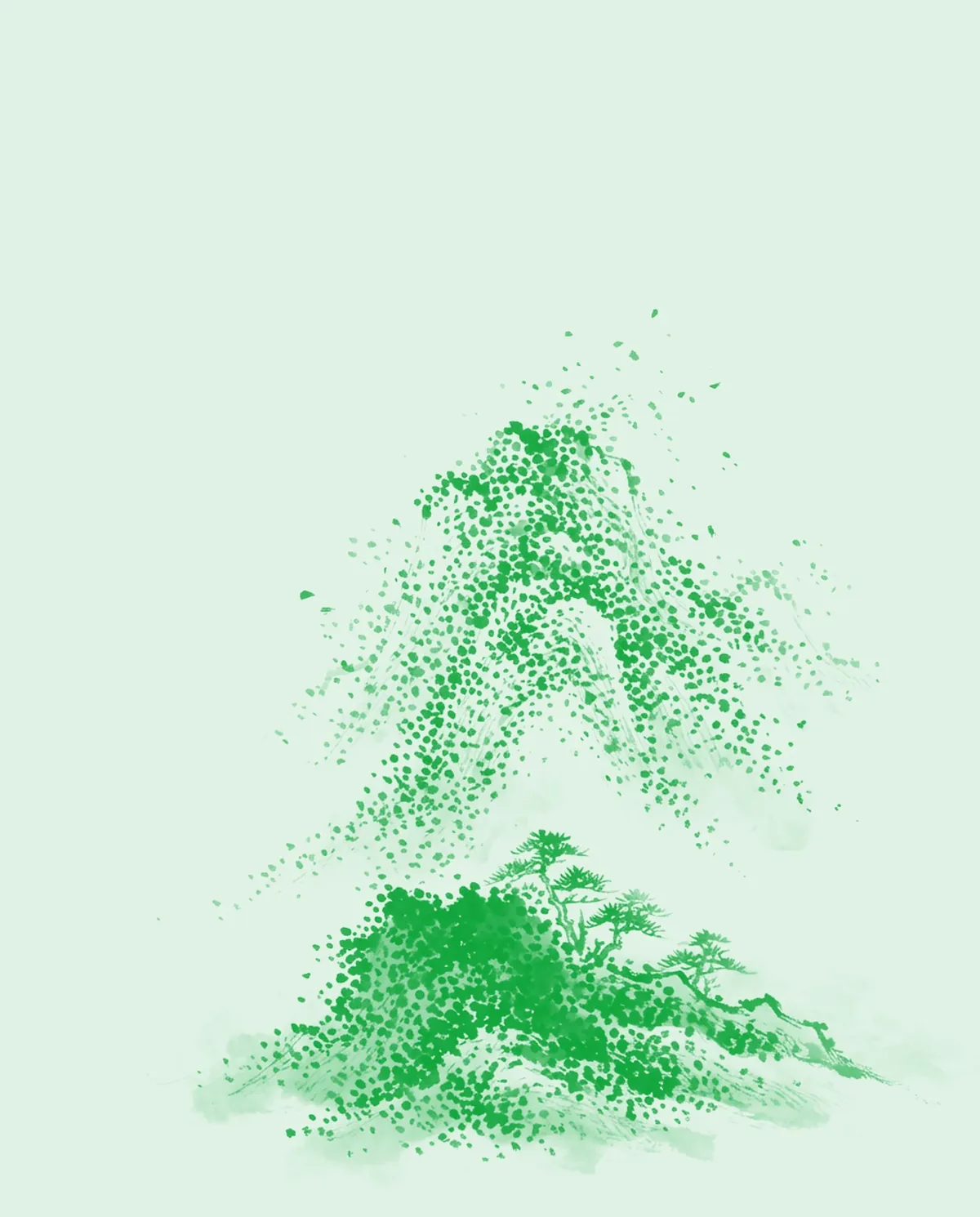 Une montagne et quelques pins dessinés au pinceau, en touches d'encre verte