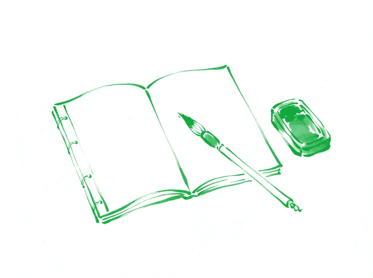 Un carnet ouvert et un pinceau, dessinés à l'encre verte