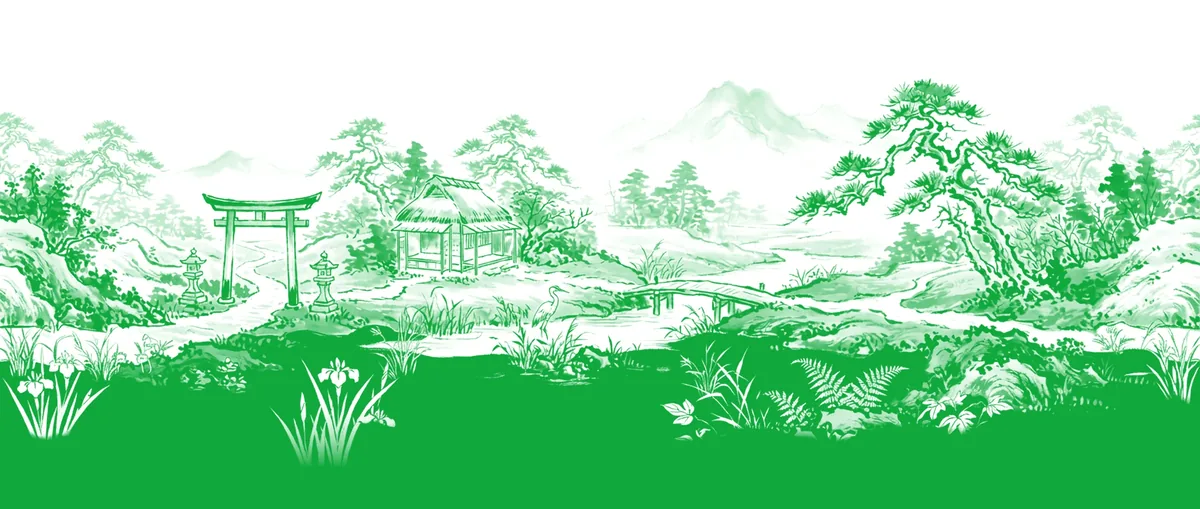 Une frise de paysage au pinceau vert, avec un portique, une maison au toit de chaume, un pont et un grand pin
