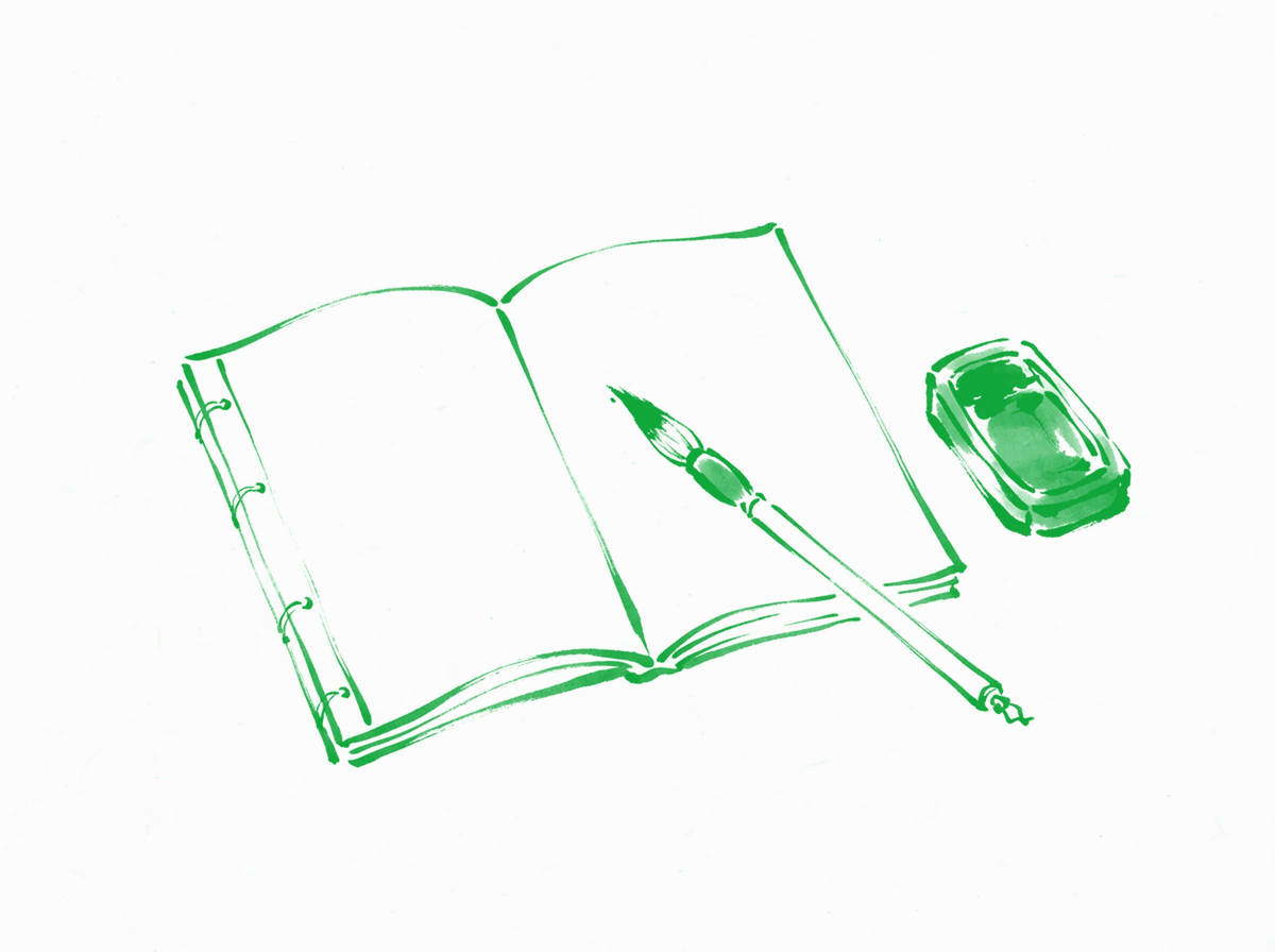 Un carnet et un pinceau, dessinés au pinceau en vert