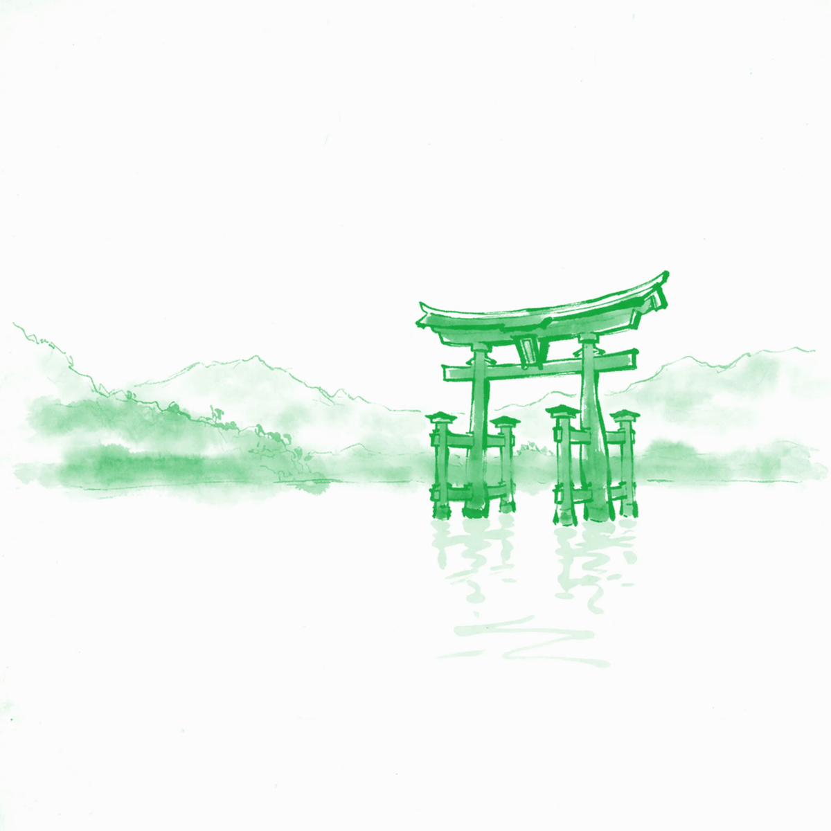 Un torii dans la brume, dessiné au pinceau en vert